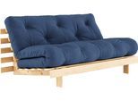 Daybett KARUP DESIGN "Roots Sofa Bed, Schlafsofa,, Bettfunktion, FSC-Massivholz", blau (navy, raw), B:160cm H:85cm, Bezug: 80% Baumwolle, 20% Polyester, Daybetten, Daybett, Inkl. Futonmatratze, Made in Europe, langlebig, B: 140 oder 160 cm