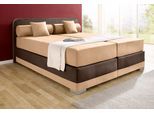 Boxspringbett MAINTAL "Lago", braun (cappucinofarben, braun), B:207cm L:210cm, Bezug Kopteil und seitliche Unterbox wahlweise Microvelours aus 100% Polyester oder Kunstleder;DIe Obermatratze ist bei beiden Bezugsqualitäten mit Microfaser (100% Polyester) bezogen, Unterseite 100% Baumwolle;Das Kopfteil ist bei Microvelours an den Ecken abgerundet, bei Kunstleder gerade;Bezug der Oberseite aus strap