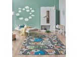 Teppich THE CARPET "Happy Life", grau, B:120cm H:4mm L:160cm, Polyester, Teppiche, Teppich, Life Kinderzimmer Teppich Spielteppich pflegeleicht
