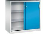C + P Schiebetüren-Werkzeugschrank Acurado, B 1200 x T 600 x H 1200 mm, je Fachboden 70 kg, Stahl, lichtgrau/lichtblau