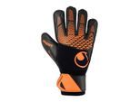 Torwarthandschuhe UHLSPORT "Torwarthandschuhe FM ZNE Soft Resist+", Herren, Gr. 7.5, schwarz (schwarz, fluo orange), Obermaterial: 81% Gummi rubber. 13% Polyester PES. 6% Nylon NY., Handschuhe Torwarthandschuhe