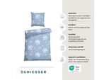 Bettwäsche SCHIESSER "Skadi aus weicher Baumwolle mit weißen Schneeflocken", blau, B/L: 155cm x 220cm, 1 Stk., 1 Stk., Feinbiber, B/L: 80cm x 80cm, 2 Stk., Feinbiber, Obermaterial: 100% Baumwolle, Bettwäsche, Bettwäsche, OEKO-TEX MADE IN GREEN-zertifiziert