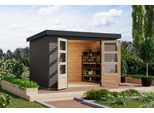 Gartenhaus KARIBU "Jupiterino 4, in verschiedenen Farben", schwarz (terragrau, anthrazit), ohne Fußboden, Blechdach, Massivholz, Gartenhäuser, Gartenhaus