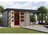 Gartenhaus KARIBU "Jupiterino 5 SET, in verschiedenen Farben", grau (wassergrau, anthrazit), ohne Fußboden, Blechdach, Massivholz, Gartenhäuser, Gartenhaus, inkl. Anbaudach