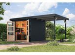 Gartenhaus KARIBU "Jupiterino 3 SET, in verschiedenen Farben", schwarz (anthrazit, anthrazit), ohne Fußboden, Blechdach, Massivholz, Gartenhäuser, Gartenhaus, inkl. Anbaudach