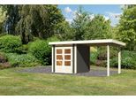 Gartenhaus KARIBU "Ammersee 1" SET mit Anbaudach 2,35 m Breite", grau (terragrau), Holzwerkstoff, Gartenhäuser, Gartenhaus, naturbelassen oder terragrau