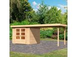 Gartenhaus KARIBU "Arnis 3,5", beige (naturbelassen), ohne Fußboden, ohne Rück- und Seitenwand, ohne Dacheindeckung, Holzwerkstoff, Gartenhäuser, Gartenhaus, mit Anbaudach 2,80 cm Breite