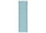 Teppich THEKO "Happy Cotton Fleckerl, handgewebt" Gr. 12, blau (helltürkis), B:70cm H:5mm L:250cm, Baumwolle, Teppiche, Teppich, Flachgewebe, reine Baumwolle, meliert, mit Fransen, auch als Läufer