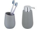 Badaccessoire-Set WENKO "Badi", grau, matt, Keramik, Badaccessoires-Sets, Badaccessoire-Set, Seifenspender und Zahnputzbecher aus hochwertiger Keramik