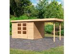 Gartenhaus KARIBU "Arnis 5" SET anthrazit mit Anbaudach 2,40 m Breite", beige (naturbelassen), ohne Fußboden, ohne Rück- und Seitenwand, ohne Dacheindeckung, Holzwerkstoff, Gartenhäuser, Gartenhaus, aus hochwertiger nordischer Fichte