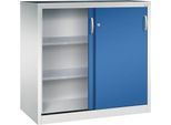 C + P Schiebetüren-Werkzeugschrank Acurado, B 1200 x T 600 x H 1200 mm, je Fachboden 70 kg, Stahl, lichtgrau/enzianblau