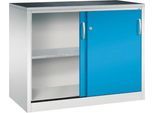 C + P Schiebetüren-Werkzeugschrank Acurado, B 1200 x T 600 x H 1000 mm, je Fachboden 70 kg, Stahl, lichtgrau/lichtblau