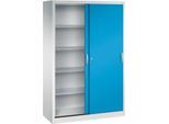 C + P Schiebetüren-Werkzeugschrank Acurado, B 1200 x T 500 x H 1950 mm, je Fachboden 70 kg, Stahl, lichtgrau/lichtblau