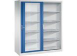 C + P Schiebetüren-Werkzeugschrank Acurado, mit Sichtfenster, B 1600 x T 600 x H 1950 mm, lichtgrau/enzianblau