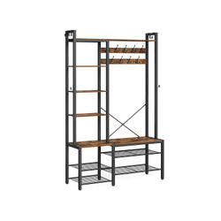 Hallträd med bänk och skoförvaring, Hall Coat Rack med skobänk och 5 förvaringshyllor, 9 klädkrokar och 6 sidokrokar, 140 x 120 x 190 cm, Vintage Brown och Ink Black HSR426B01