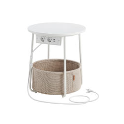 Litet runt soffbord, sidobord med tygkorg och grenuttag, förvaring, för vardagsrum, sovrum, sängbord, modern stil, matt vit och camelbrun LET228W02