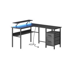 L-muotoinen työpöytä pistorasialla, kulmapöytä, tietokonepöytä näytön nostokorokkeella, LED-pelipöytä, 2 laatikkoa, 2 USB-porttia, helppo koota, toimistoon, puu musta