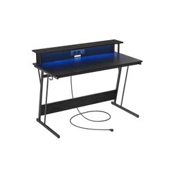 Pelipöytä LED-valoilla ja virtapiuhalla, pelaajapöytä, tietokonepöytä näytön nostimella, 2 tietokoneelle, makuuhuoneeseen, 60 x 120 x 76 cm, klassinen musta, klassinen musta