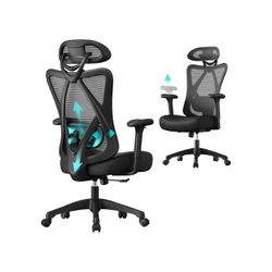 Kontorsstol, ergonomisk skrivbordsstol, datorstol, nätstol, justerbart ländryggsstöd och nackstöd, 150 kg, höjdjusterbar, svart OBN063B01