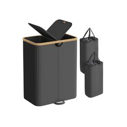 SONGMICS tvättkorg med två fack och lock, bläck svart och naturbeige