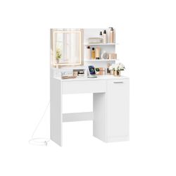 VASAGLE Kailyn-kollektion – sminkbord med LED-spegel, låda och öppna hyllor