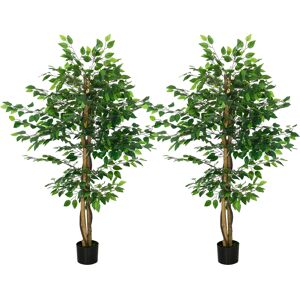 HOMCOM Set von 2 künstlichen Pflanzen künstliche Bäume Ficus Höhe 1,50 m Stamm Zweige Ranken Moosimitatblätter sehr realistisch Topf inklusive, Innenbereich, Grün