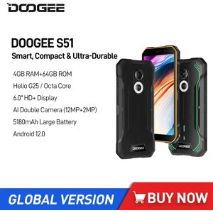 DOOGEE S51 Rugged Waterproof Smartphones 12MP AI Double Camera 5180mAh NFC Android 12 Octa Core 4GB +64GB 6.0 Inch HD Cellphones