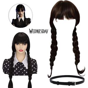 Wednesday Cosplay Wigs Accessories Cosplay Black Long Hair Braid Wigs with Bangs Belt Heat Resistant Synthetic Wig