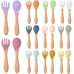 BPA Free Baby Silicone Spoon Fork Set with Wooden Handle Baby Feeding Spoon Fork Toddlers Infant Feeding Accessories Utensils