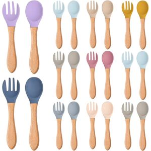 2PCS/Set Baby Feeding Spoon Fork Wooden Handle Spoon Fork Set Soft Silicone Tip Spoon Fork BPA Free Food Grade Infant Toddlers