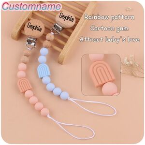 Baby Carve Custom Name Cartoon Cartoon Rainbow Silicone Wooden Pacifier Clip Crown Teething Chain Teether Clip For Children Gift