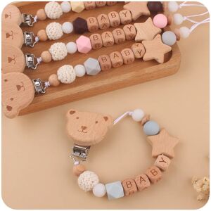 Baby Pacifiers Clips Personalized Name Cartoon Bear Beech wooden Star Dummy Nipple Holder Clip Teething Toy Accessories BPA Free