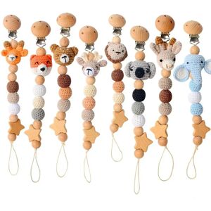 Crochet Cartoon Animal Pacifier Clips Appease Soother Chain Wood Beads Anti-drop Dummy Holder Nipple Clip Teething Toy Baby Gift