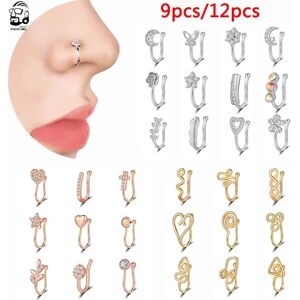 9Pcs/Set Flower Butterfly Fake Nose Ring Set Crystal Non Piercing Ear Cuff Cartilage Earrings Clip On Faux Lip Piercings Jewelry