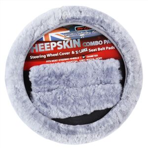 Sheepskin Steering Wheel Cover & Seat Belt Pads Combo Luxury - Grey