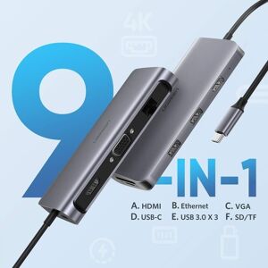 UGREEN Type C 9 in 1 Multifunction Adapter- HDMI/ VGA/Gigabit/Type C/USB3.0 x 3/SD/TF (40873)