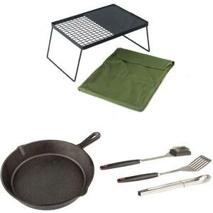 Adventure Kings Camp Fire BBQ Plate + Cast Iron Skillet Pan + BBQ Tool Set