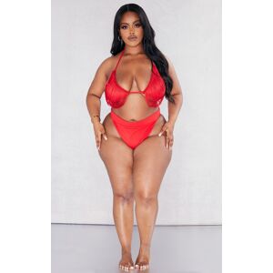 PrettyLittleThing Plus Red High Leg Bikini Bottoms, Red 30