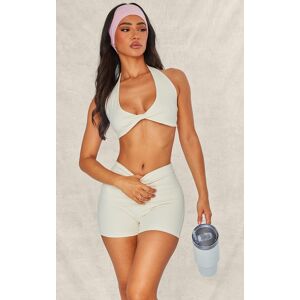 PrettyLittleThing Petite Buttercream Contour Sculpt Halterneck Twist Front Crop Top, Butter Cream 2