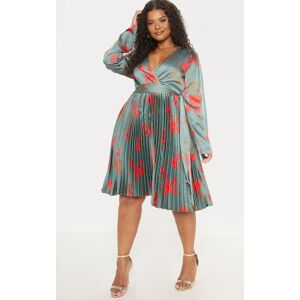 PrettyLittleThing Plus Emerald Green Floral Print Long Sleeve Pleated Midi Dress, Emerald Green 18