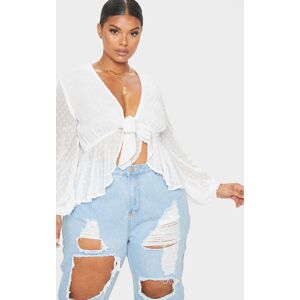 PrettyLittleThing Plus White Dobby Mesh Tie Front Blouse, White 16