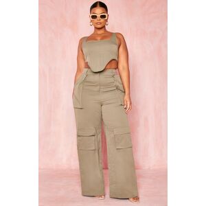 PrettyLittleThing Plus Khaki Twill Pocket Detail High Waist Cargo Pants, Khaki 18