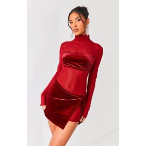 PrettyLittleThing Cherry Red Mesh Velvet Panel Detail Long Sleeve Bodycon Dress, Cherry Red 16
