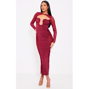 PrettyLittleThing Tall Cherry Red Cut Out Detail Mesh Ruched Midaxi Dress, Cherry Red 16