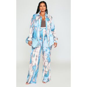 PrettyLittleThing Plus Blue Texture Print Wide Leg Pants, Blue 30