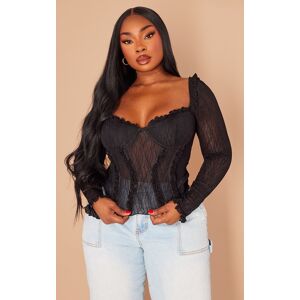 PrettyLittleThing Plus Black Mesh Ruffle Detail Long Sleeve Top, Black 24