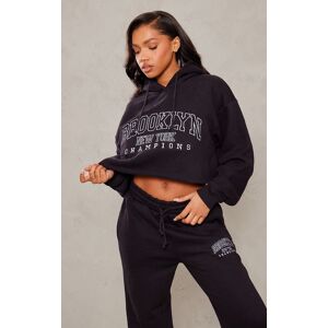 PrettyLittleThing Black Brooklyn Embroidered Raw Hem Cropped Hoodie, Black XS