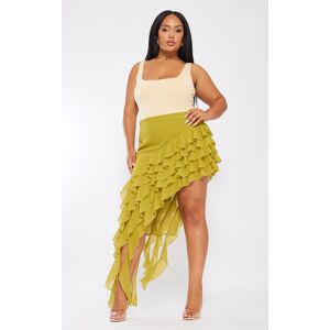 PrettyLittleThing Plus Olive Ruffle Detail Asymmetric Midi Skirt, Olive. 26