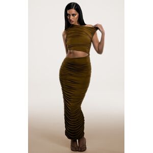 PrettyLittleThing PLT Label Tobacco One Shoulder Ruched Cut Out Maxi Dress, Tobacco 16