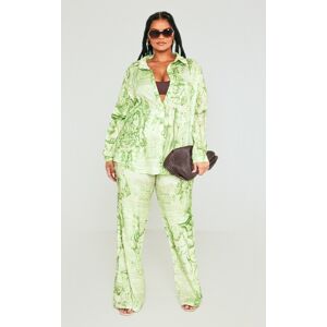 PrettyLittleThing Plus Green Statue Print Wide Leg Pants, Green 30